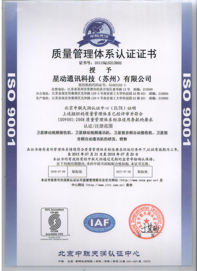The certificate of quality management system
